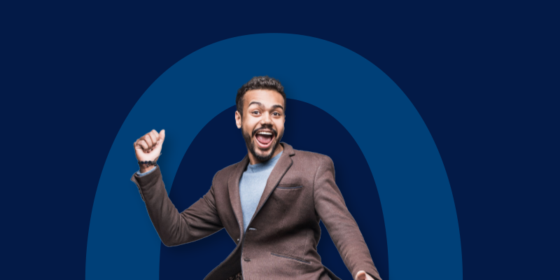 Man smiling superimposed on a blue background