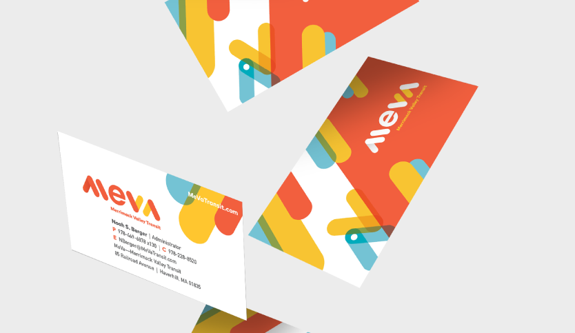 Colorful business cards with Meva branding