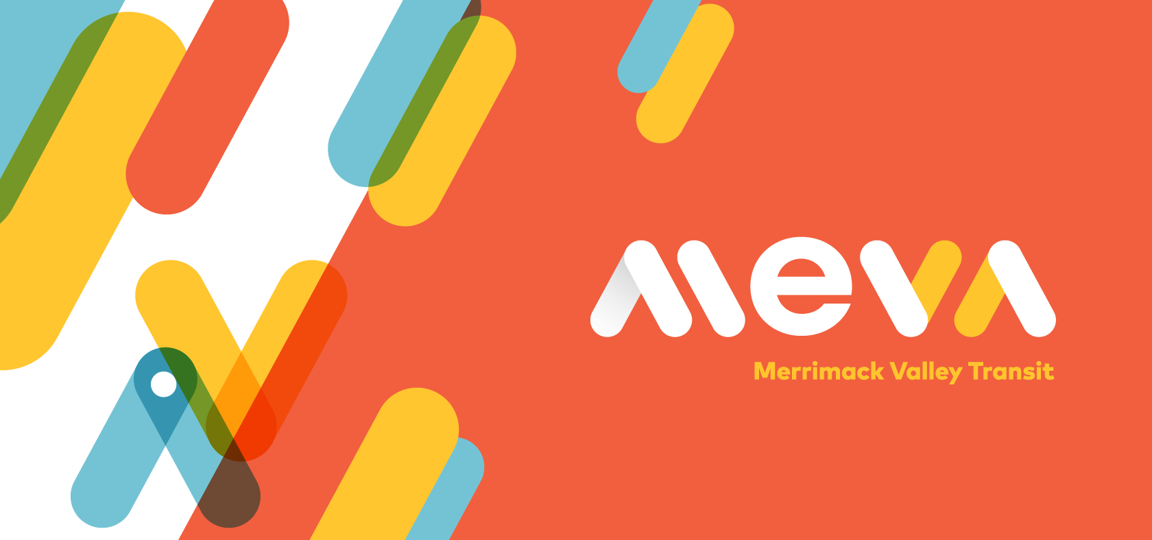 Meva, Merrimack Valley Transit logo on orange background with graphics