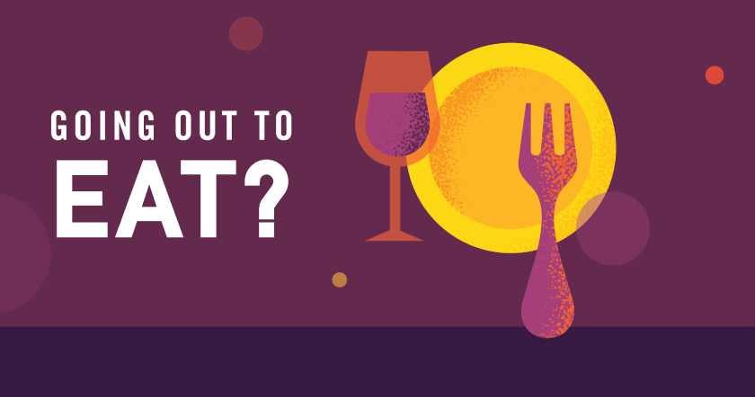 SCCOG illustration showing Wine glass, plate and fork graphic with going out to eat? type
